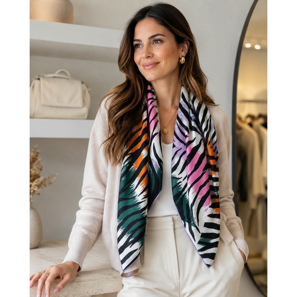Oscar de la Renta Scarf Multicolor Zebra Print 100% Silk Square Made in Japan